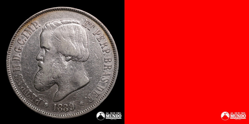 Brasil. 2.000 Reis 1889. Reinado de Pedro II (1831-1889). Anverso: Busto de Pedr...