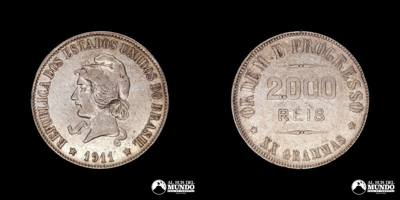 Brasil. 2.000 Reis 1911. Plata 900; 33 mm.; 20 g.; KM 508; VF.

Estimate: USD ...