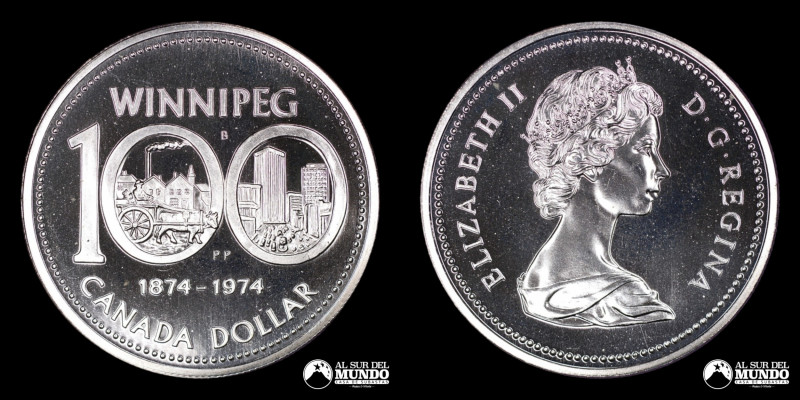 Canada. Isabel II. 1 Dolar 1974. Centenario de la ciudad de Winnipeg. Plata 500....