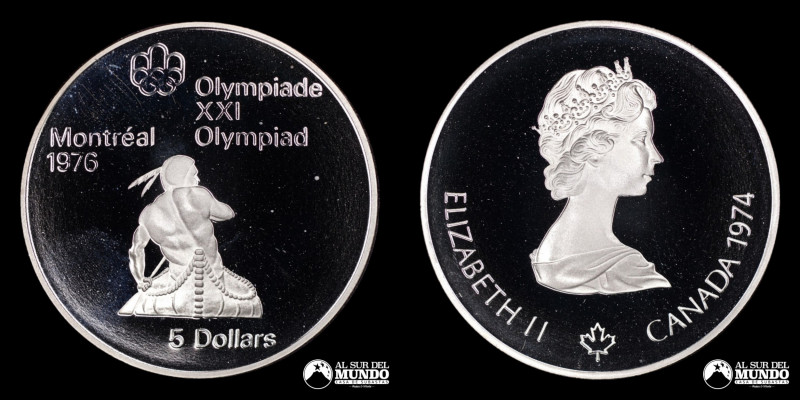 Canada. Isabel II. 5 Dolares 1974. Olimpiadas de Montreal. Plata 925. 38 mm. 24,...