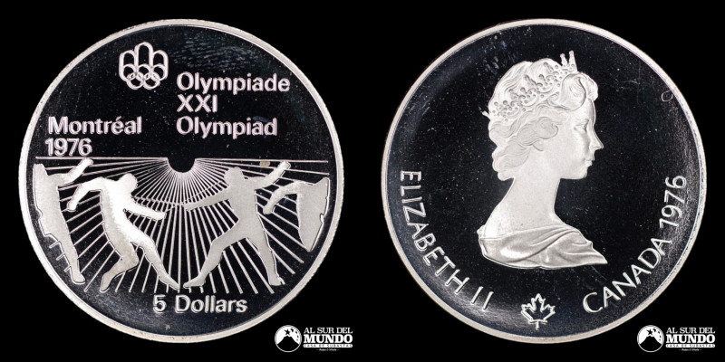 Canada. Isabel II. 5 Dolares 1976. Fencing. Olimpiadas de 1976, Montreal. Plata ...