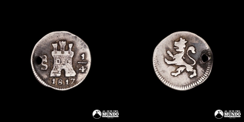 Chile, Santiago. Fernando VII (1808-1821) ¼ Real 1817. Variante sin Puntos. Cono...