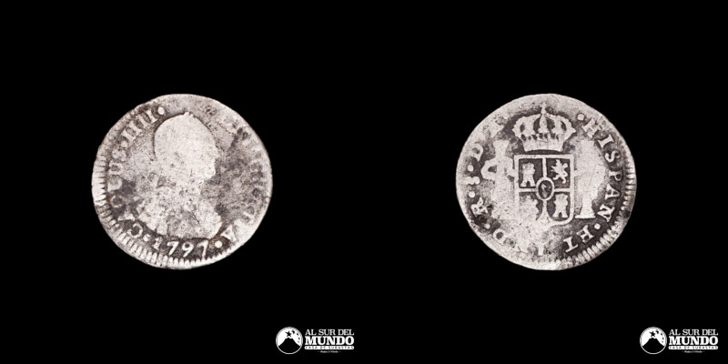 Chile, Santiago. Carlos IV. ½ Real 1797 DA. Error CAOLUS". Plata 917; 16.5mm; 1....
