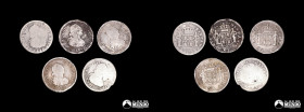 Chile, Santiago. Lote de cinco monedas de plata: ½ Real 1801, 1802, 1803 (Carlos IV), 1812 y 1816 (Fernando VII).