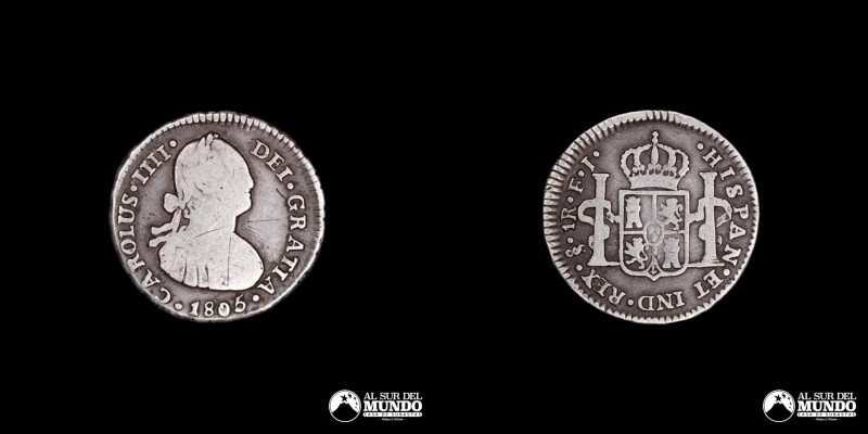 Chile, Santiago. 1 Real. 1805. Ensayadores: FJ. Busto del Rey mirando hacia la d...
