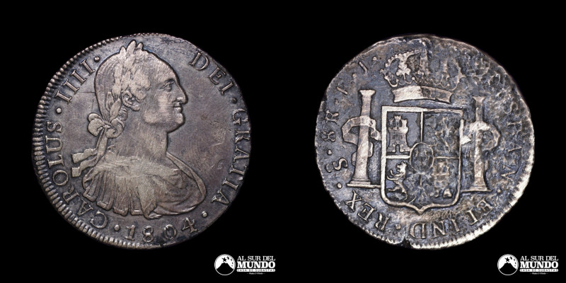 Chile, Santiago. Carlos IV. 8 Reales 1804 FJ (1788-1808). Plata 896; 40mm; 23.39...