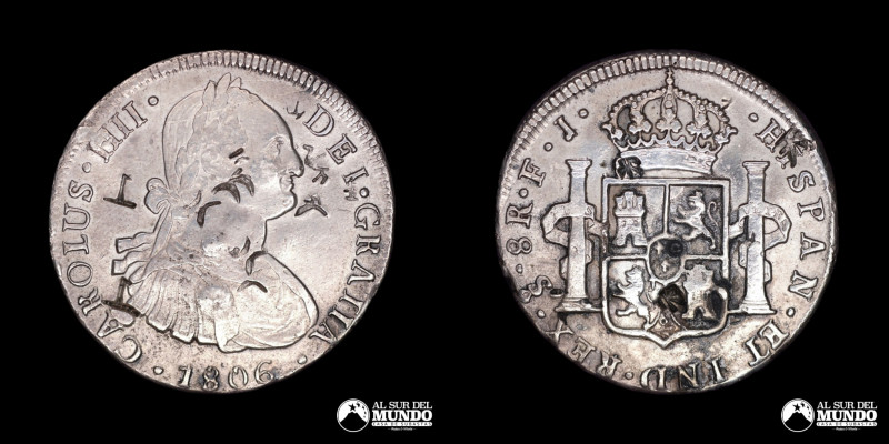 Chile, Santiago. Carlos IV. 8 Reales 1806 FJ (1788-1808). Con Chopmarks. Plata 8...