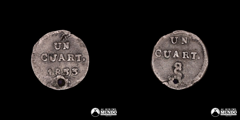 Chile. ¼ Real 1833. Plata 902; 11mm; 1.04g; (Perforado) KM89

Estimate: USD 15...