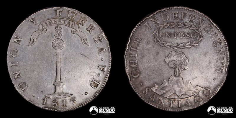 Chile, Santiago. 1 Peso "Independiente". 1819/8. Ensayadores: FD. Pilar con glob...