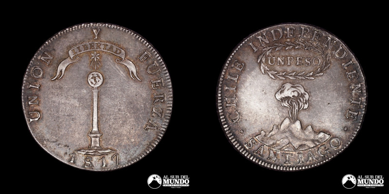 Chile, ceca de Santiago. 1 Peso 1817 Sin Ensayador. Muy Rara. Conocido como "Con...