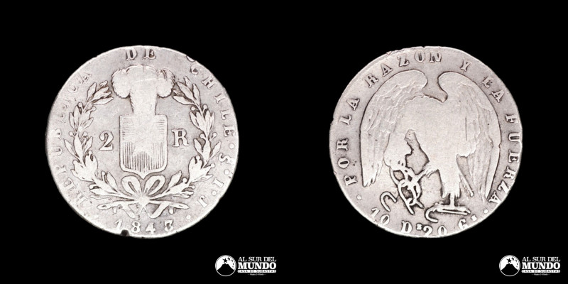 Chile. 2 Reales 1843 IJ. Conocido como "Rompecadenas"; Plata 902; 23.5mm; 5.75g;...