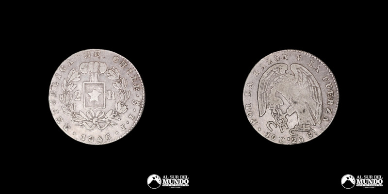 Chile. 2 Reales 1846 IJ. Conocido como "Rompecadenas"; Plata 902; 23.5mm; 5.94g;...