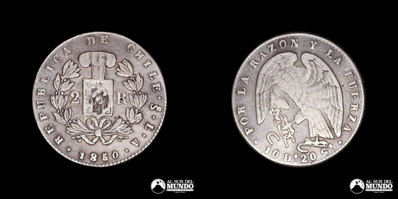 Chile. 2 Reales 1850 LA. Conocido como "Rompecadenas"; Plata 902; 23.5mm; 5.84g;...