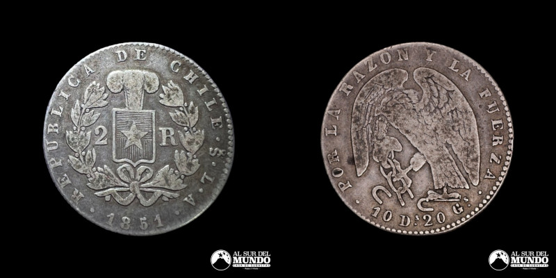 Chile, ceca de Santiago. 2 Reales "Rompecadenas". 1851. Anverso: Escudo de armas...