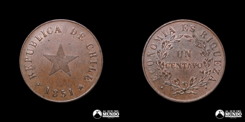 Chile, ceca de Birmingham (Reino Unido). 1 Centavo. 1851. Con marca de ceca "H" ...