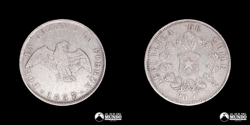 Chile. 20 Centavos 1857/7. Plata 900; 23mm; 4.95g; KM125 (VF)

Estimate: USD 2...