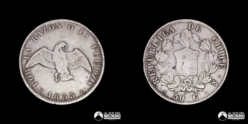 Chile. 50 Centavos 1855. 30mm; Plata 900; 12.38g; (VF-) KM128

Estimate: USD 4...