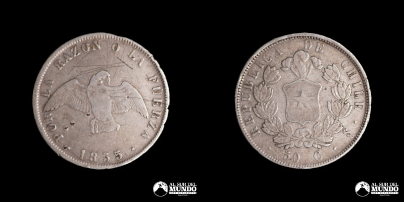Chile. Republica. 50 Centavos 1855. Plata 900. 30 mm. 12,45 g. Km#128 (VF)

Es...
