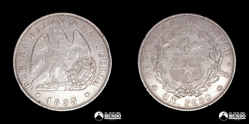 Chile. 1 Peso 1853. "Conocido como Peso Montt". Plata 900; 24.54g; 37mm; (VF) KM...