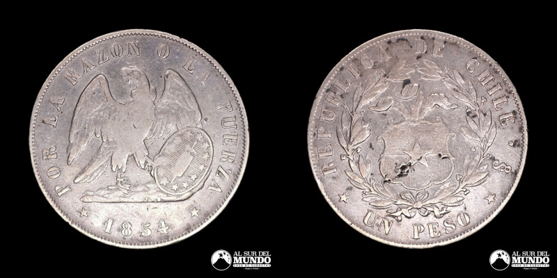 Chile. 1 Peso 1854. "Conocido como Peso Montt". Plata 900; 24.98g; 37mm; (VF-) K...