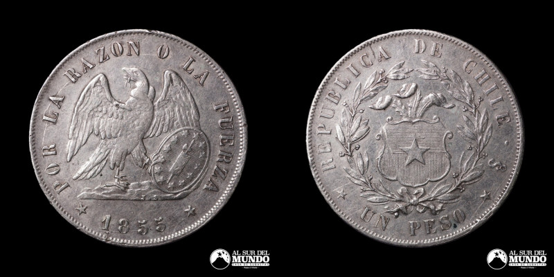 Chile, ceca de Santiago. 1 Peso "Montt". 1855. Anverso: Condor de alas abiertas ...