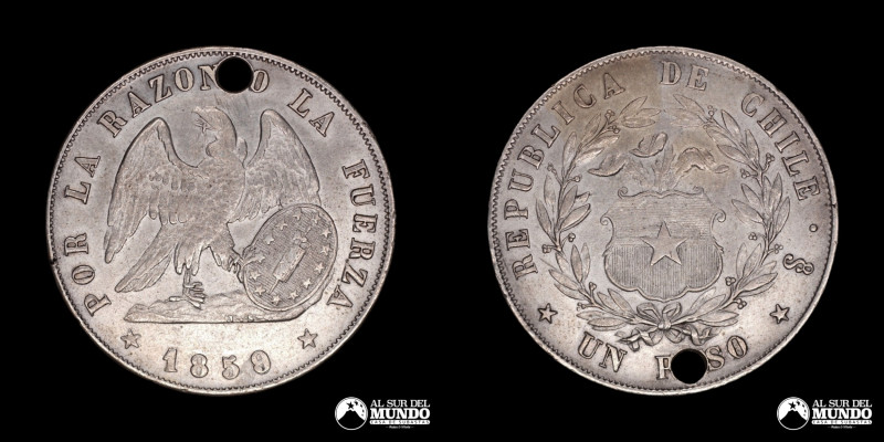 Chile. 1 Peso 1859. "Conocido como Peso Montt". Plata 900; 24.71g; 37mm; (Perfor...