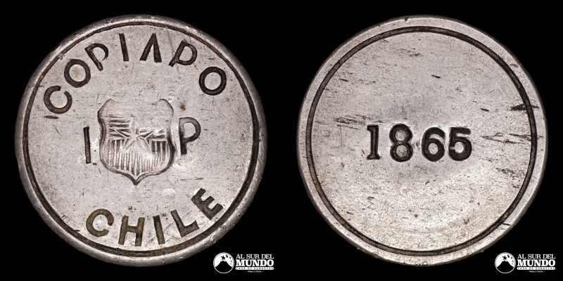 Chile, ceca de Copiapo. 1 Peso "Copiapo". 1865. Anverso: Escudo de armas chileno...