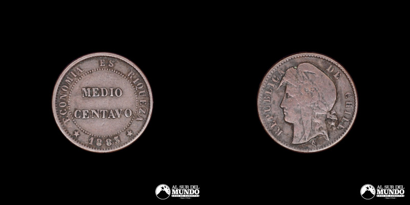 Chile. ½ Centavo 1883. Sobrefecha en 3. 19mm; 2.98g. KM148 (XF-)

Estimate: US...