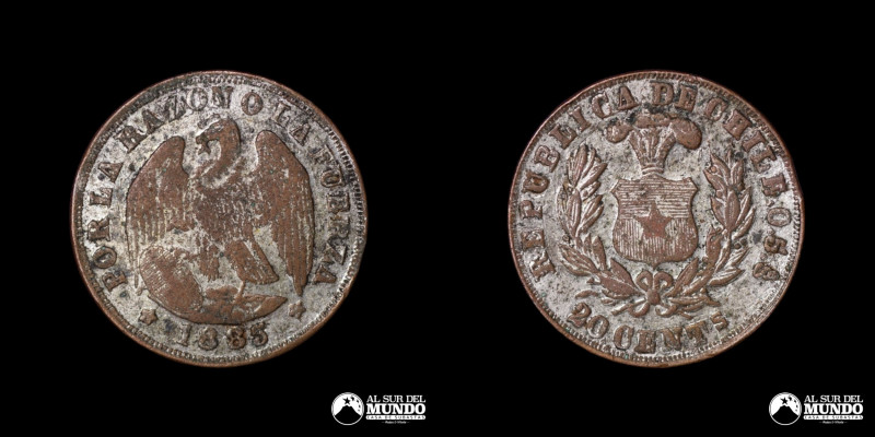 Chile. 20 Centavos. 1885. Moneda falsa de epoca. Anverso: Condor heraldico con a...