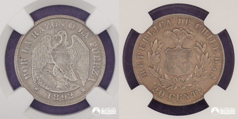 Chile, Santiago. 20 Centavos. 1892. Anverso: Condor con alas abiertas de pie, su...