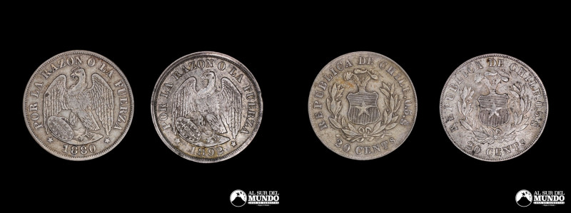 Chile, ceca de Santiago. Pareja de monedas: 20 Centavos 1880, 1892. Plata 500; 9...