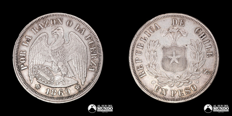 Chile, ceca de Santiago. 1 Peso "Aguila". 1869. Anverso: Condor heraldico con al...