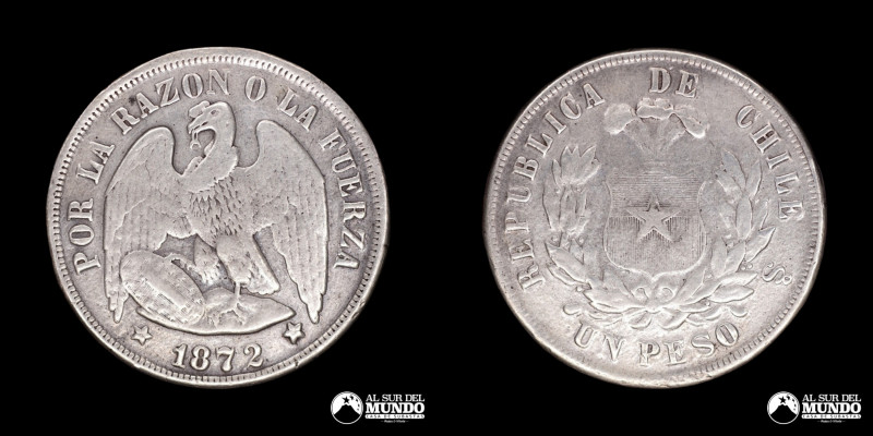 Chile, ceca de Santiago. 1 Peso "Aguila". 1872. Anverso: Condor heraldico con al...