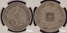 Chile, Santiago. 1 Peso "Aguila". 1873. NGC XF40.