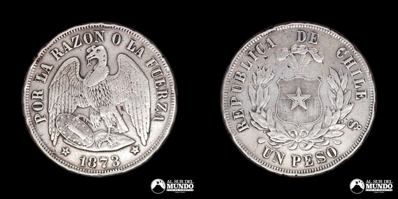 Chile, ceca de Santiago. 1 Peso "Aguila". 1873. Anverso: Condor heraldico con al...