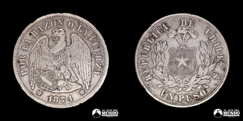 Chile, ceca de Santiago. 1 Peso "Aguila". 1874. Anverso: Condor heraldico con al...