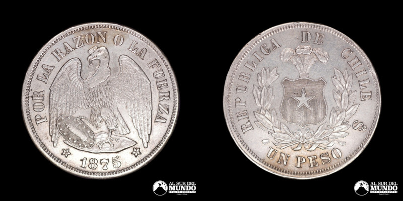 Chile, ceca de Santiago. 1 Peso "Aguila". 1875. Anverso: Condor heraldico con al...