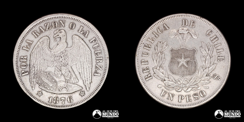 Chile, ceca de Santiago. 1 Peso "Aguila". 1876. Anverso: Condor heraldico con al...