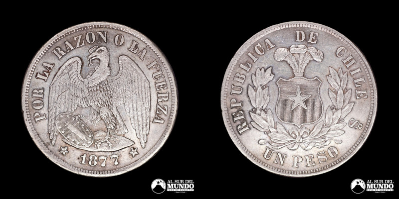 Chile, ceca de Santiago. 1 Peso "Aguila". 1877. Anverso: Condor heraldico con al...