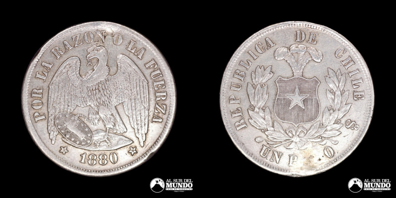 Chile, ceca de Santiago. 1 Peso "Aguila". 1880. Anverso: Condor heraldico con al...