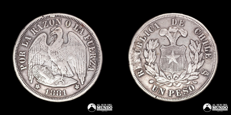 Chile, ceca de Santiago. 1 Peso "Aguila". 1881. Anverso: Condor heraldico con al...