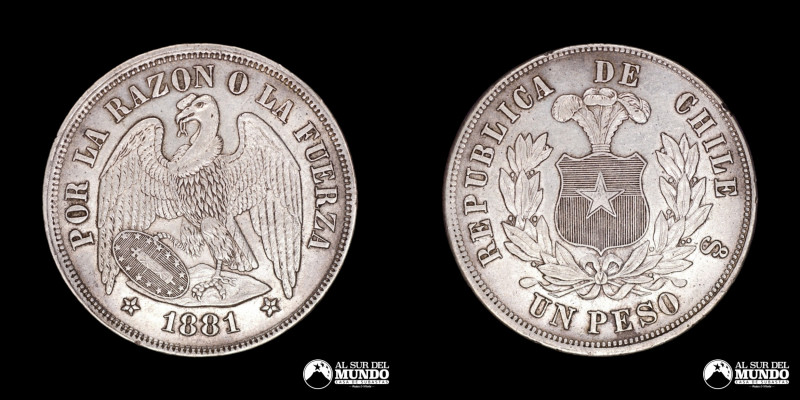 Chile, ceca de Santiago. 1 Peso "Aguila". 1881. Anverso: Condor heraldico con al...