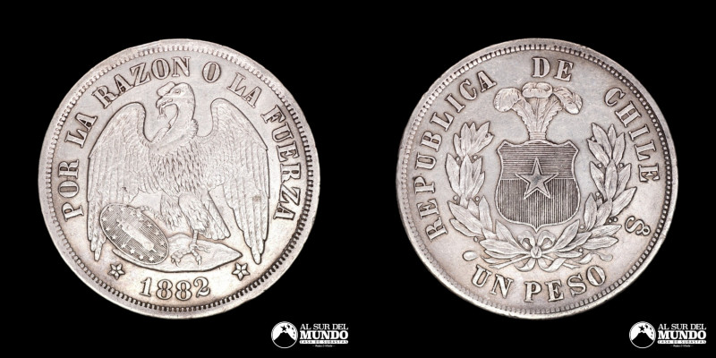 Chile, ceca de Santiago. 1 Peso "Aguila". 1882. Anverso: Condor heraldico con al...