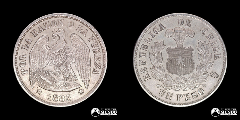 Chile, ceca de Santiago. 1 Peso "Aguila". 1883. Variante: "3" recto. Anverso: Co...