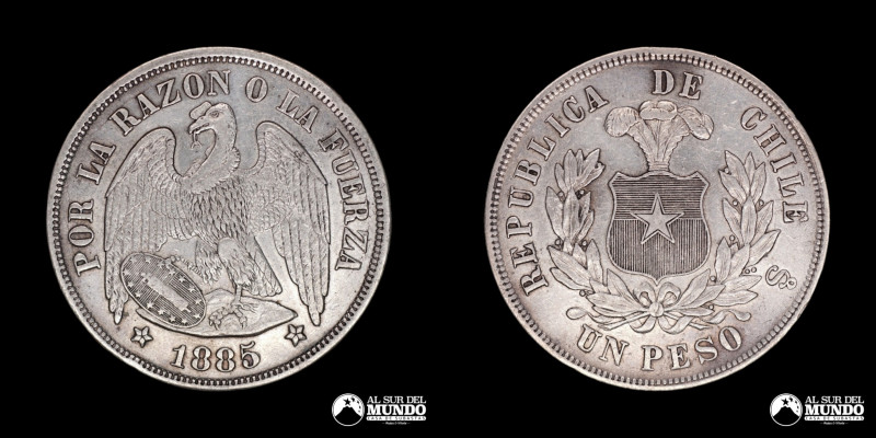 Chile, ceca de Santiago. 1 Peso "Aguila". 1885/5. Anverso: Condor heraldico con ...
