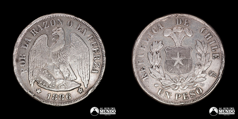 Chile, ceca de Santiago. 1 Peso "Aguila". 1886. Anverso: Condor heraldico con al...