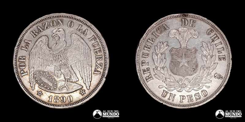Chile, ceca de Santiago. 1 Peso "Aguila". 1890. Anverso: Condor heraldico con al...