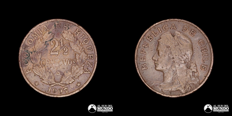 Chile. 2 ½ Centavos 1907. Cobre; 25mm; 6.89gg; (XF) KM162

Estimate: USD 10 - ...