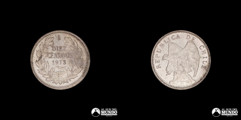Chile. 10 Centavos 1913. Plata 500; 17mm; 1.5g; (UNC) 

Estimate: USD 10 - 20...
