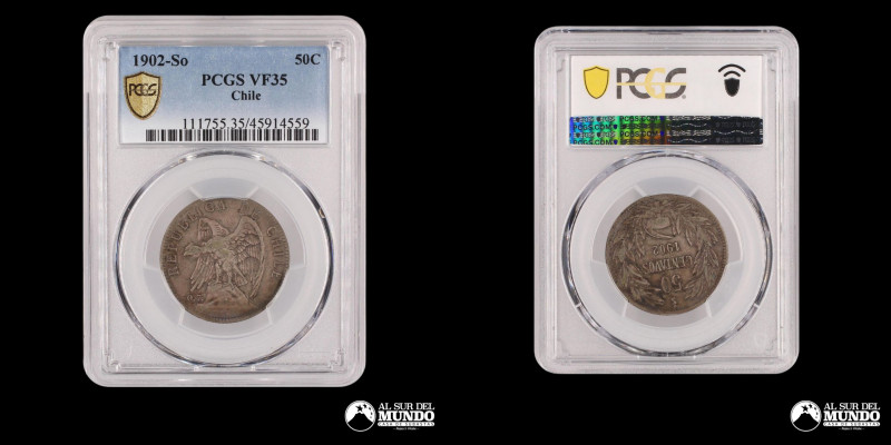 Chile, ceca de Santiago. 50 Centavos. 1902. Anverso: Condor de alas abiertas apo...
